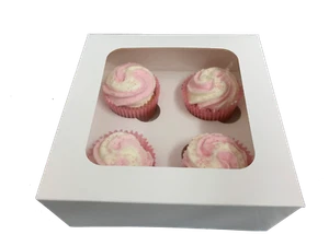 White Windowed Cupcake Boxes, Holds 4 Cup Cakes with Removable Inserts Birthday - Picture 1 of 3