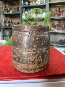 Old Indian Antique Handcrafted Wooden Rice Grain Measure Pot Barrel Vessel - Picture 1 of 5