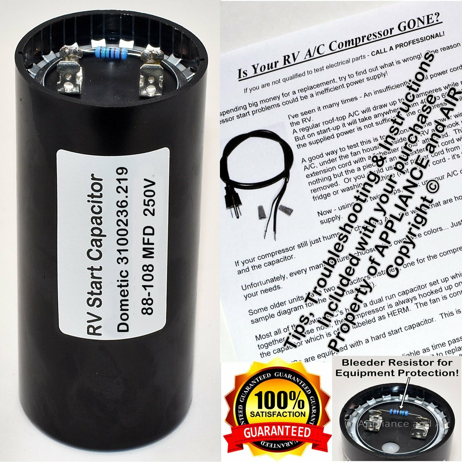 Dometic DuoTherm 3313107.006 Run Capacitor 45+15 mfd RV Camper Air