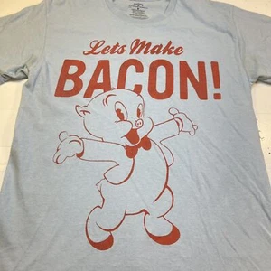Looney Tunes Porky Pig LETS MAKE BACON TEE T SHIRT Mens M Blue / Cartoon Funny - Picture 1 of 4