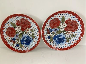 2er Set Pionierin Frau 6" kleine Keramik Vorspeisen Teller rote Spitze blau gepunktet - Bild 1 von 9