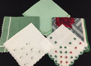 Handkerchiefs Green White Red Gray Crocheted Scalloped Edge Hankies VTG Lot of 5 - Picture 1 of 9
