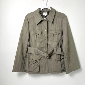 J Jill Cargo Utility Jacket Petite L LP Green Nylon Snap Safari Trench Belt Coat - Picture 1 of 11