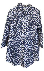 Camisa Top Mujer Chicos Talla 3 Estampado Guepardo Azul Blanco Botón Delantero Manga 3/4 - Imagen 1 de 7