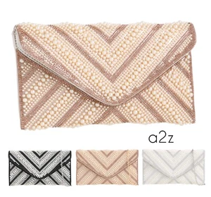 Womens Pearls Beaded Envelope Clutch Bag Diamante Wedding Evening Handbag Party - Picture 1 of 8