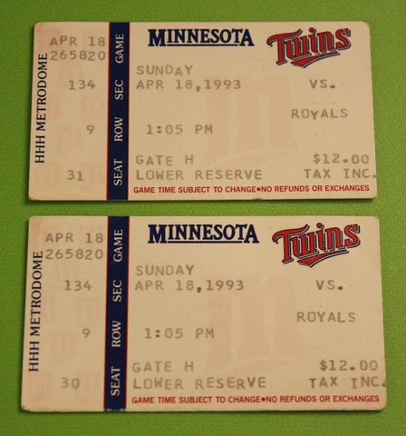 Minnesota Twins Ticket Stub | April 18 1993 | George Brett Dave Winfield Hit Cover