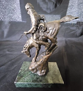 Vintage Remington Miniature Indian Horseback Bronze Statue Marble Base Signed 6" - Picture 1 of 7