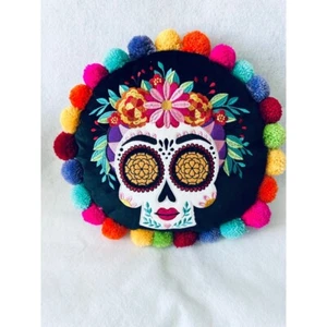 Dia de los Muertos Pillow Embroidered Sugar Skull Pom Pom Trim Decor 13" - Picture 1 of 5