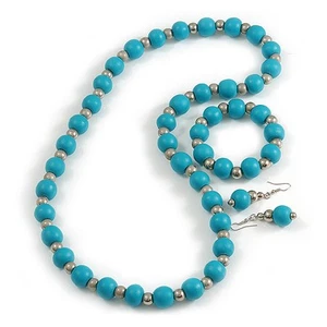 Turquoise Blue Wood and Silver Acrylic Bead Necklace, Earrings, Bracelet Set - - Picture 1 of 6