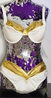 NUEVO CON ETIQUETAS-MUJERES UjENA CALYPSO BLANCO/DORADO METÁLICO V-KINI BIKINI Talla 1X Parte superior/LL inferior Foto 1 de 4