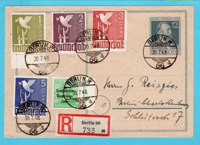 GERMANY R postal card 1948 Berlin with high franking - Image 1 of 2
