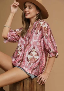 Umgee Women's Boho Floral Print Smocked V-Neck 3/4 Sleeve Top in Pink - Picture 1 of 6