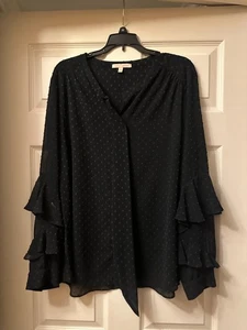 Gibson Latimer || Gr.XL || Bluse blau Rüschenärmel strukturiert Punkte transparent V-Ausschnitt - Bild 1 von 2