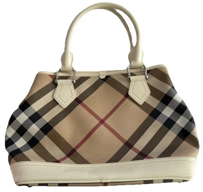 BURBERRY Rare White Beige Check Patent Leather Hasler Double Handled Tote Purse - Image 1 of 4