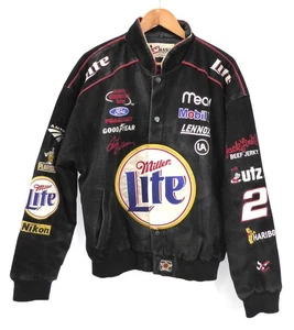Black Suede Leather Nascar Racing Jacket by Chase Authentics 'Miller Lite' Large - Picture 1 of 24