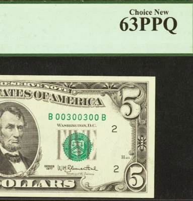 1977 $5 Federal Reserve Note PCGS 63PPQ - Fancy Radar Serial Number 00300300 - Image 1 of 3