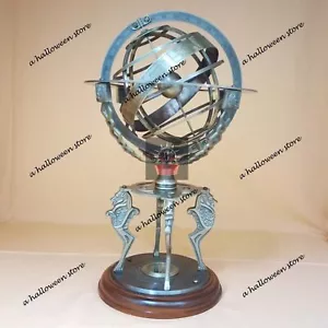 Antique Brass 18" Armillary Globe Sphere Engraved with Compass on Wooden Base - Picture 1 of 9