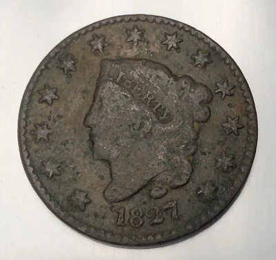 1827 Large Cent Us Mint Copper Coin F / Vf Details - Image 1 of 2