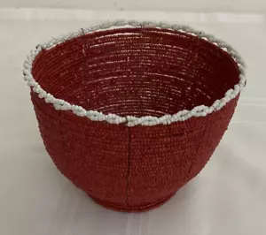 Handcrafted Balinese Basket w Red & White Colour Beads on Wire Pot Gift Idea - Picture 1 of 8
