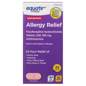 Equate Fexofenadine Hydrochloride USP Non-Drowsy Allergy Relief Tablets 180 mg - Picture 1 of 2