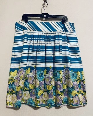Falda Talbots Mujer 16 Azul Aqua Rayas Floral Borde Completo Plisado Coqueta Boho Foto 1 de 4