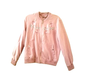 ODYN Embroidered Bomber Jacket Sz Large Light Pink Lined Full Zip Mauve Floral - Picture 1 of 9