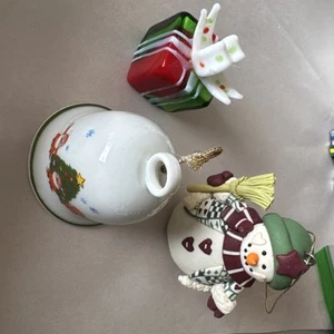 Christmas Bell, Snowman Ornament And Small Glass Present - Picture 1 of 16