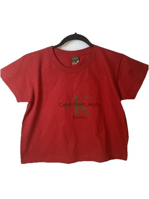 Винтажный Calvin Kline джинсы хаки половина рубашка красный одиночный стежок графика  - Изображение 1 из 4