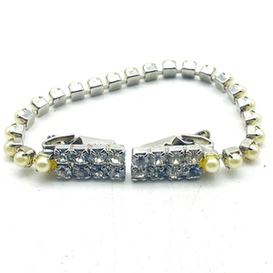 Vintage Pulloverkette silberfarben Kunstperlen und Strassclips - Bild 1 von 3