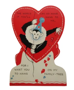 Vintage 1937 Valentines Day card heart shape circus monkey hang with me... - Imagen 1 de 4