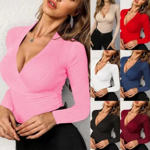Womens Ribbed Wrap T Shirt Tops Ladies V Neck Long Sleeve Slim Fit Casual Blouse - Picture 1 of 19