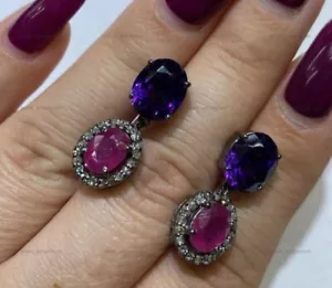 Amatista natural con rubí ovalado 925 plata de ley pendientes colgantes/gota ... - Imagen 1 de 5