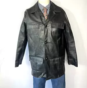 Vintage Bay River Leather Jacket Black Safari Style Pockets Men's M - L. - Picture 1 of 9
