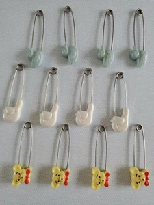 12 Vintage Baby Diaper Safety Pins Blue Duck White Bird Yellow Bear 4 ea. color - Picture 1 of 10