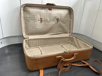 Vintage Large Harrods Tan Brown Leather Suitcase Display Prop With Tag & Straps - Image 1 of 4