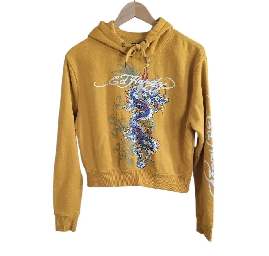 Sudadera corta Ed Hardy para mujer color amarillo caléndula dragón colorido. Talla mediana Foto 1 de 4