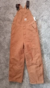 Carhartt insulated Bib Overalls Brown Canvas Double Knee Youth Boys Size 12. - Picture 1 of 10