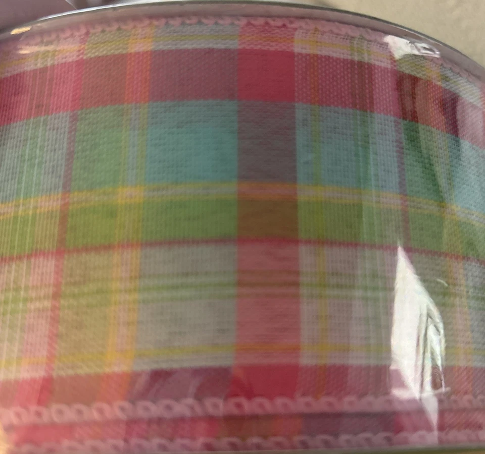 Beautiful New 5 YARDS Pink/ Blue Pastel  PLAID WIRE EDGE RIBBON  2 1/2" Wide - Image 1 of 3