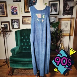 Vintage 90s WESTBOUND PETITES Sleeveless Denim Embroidered Maxi Teacher Dress - Picture 1 of 9
