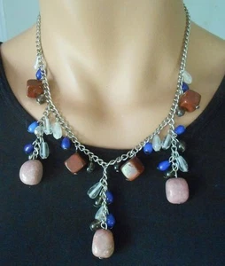 POPPY JASPER, SMOCKY QUARTZ, RHODONITE, GLASS. HAND CROCHETED. 17 1/8 " L. - Picture 1 of 6