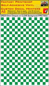 CHEQUERED SQUARES 8mm GREEN SQUARES ON CLEAR VINYL STICKERS  DECALS FPRC708GC - Picture 1 of 5