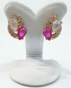 NATURAL RUBY ROSE QUARTZ WHITE TOPAZ 925 SILVER EARRING 14K PINK GOLD PLATED - Picture 1 of 5