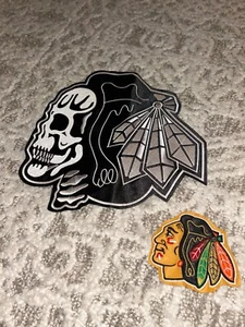 Chicago Blackhawk Logo skull black white 10.5” x10.5” wide + mini color Patch - Picture 1 of 3