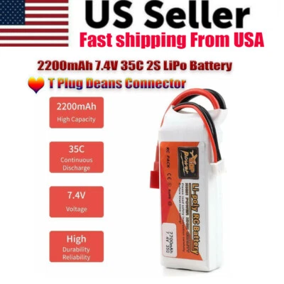 Batería 7.4V 35C 2200mAh 2S Lipo T Plug Deans para RC Coche Avión Helicóptero EE. UU. Foto 1 de 4