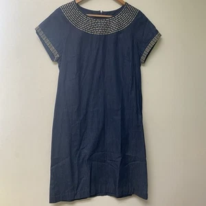 Dana Buchman Womens 10 Blue Chambray Dress Gold Embroidery Short Sleeve - Picture 1 of 4