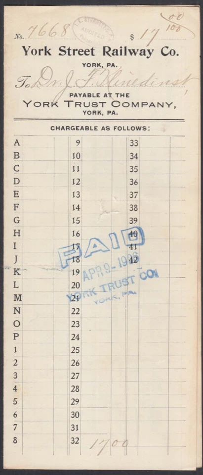 York Street Railway voucher to pay Dr Kleindienst for eye & ear exams 1906 - Image 1 of 1