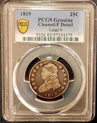 Busto tapado 1819 25c cuarto de plata graduación profesional detalle F limpio grande 9 Foto 1 de 3