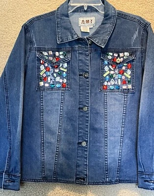 Chaqueta de jean Country Western para mujer talla mediana estrás envejecida adornada Foto 1 de 4