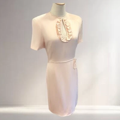 Vintage Carolina Herrera Pink Silk Ruffle Short Sleeve Shift Dress - Size Small - Image 1 of 4