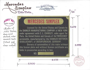 Mercedes Simplex Data Plate Acid Etched German built cars - Picture 1 of 1
